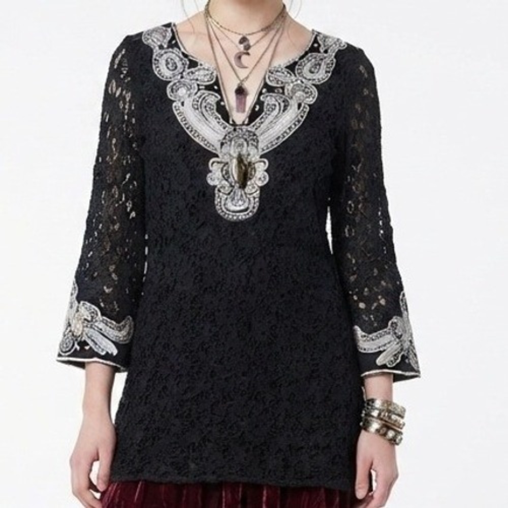 V Cristina Tunic Top Womens Medium Black Crochet Lace Embroidered Whimsigoth